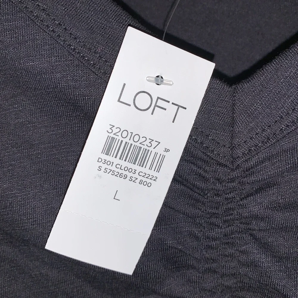 Loft Long Sleeve T Shirt V Neck Black Fitted Lightweight Ruched Front Large